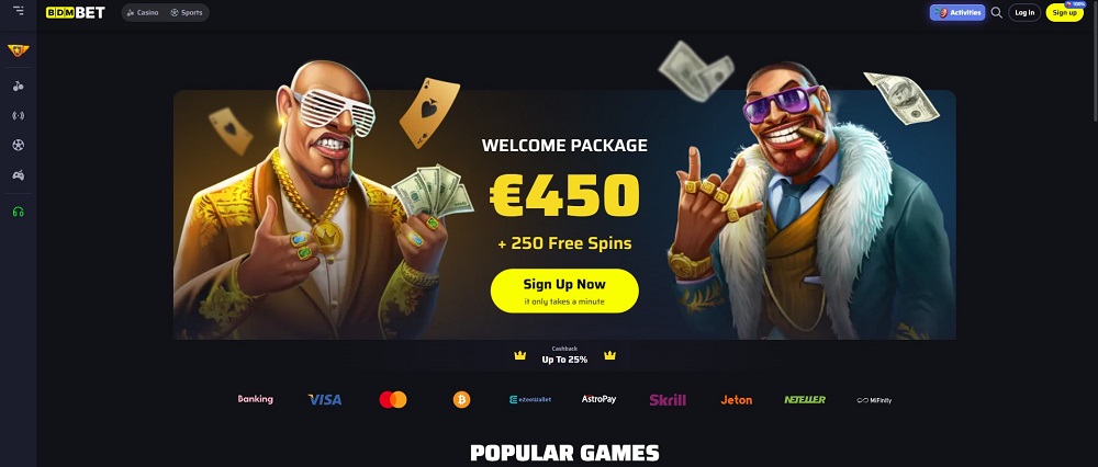 Screenshot der BIDINBET-Startseite mit einem Willkommenspaket von 450 € und 250 Freispielen. Das Banner enthält einen 'Jetzt anmelden'-Button, einen luxuriösen Hintergrund und Zahlungsmethoden-Logos wie Bitcoin und VISA.